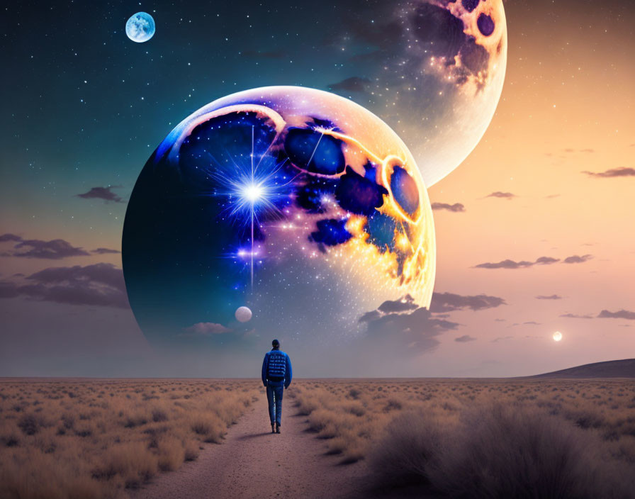 Surreal desert landscape with oversized celestial bodies