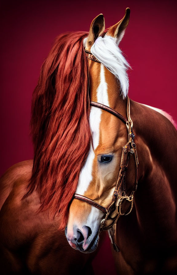 Chestnut Horse with Flowing Mane on Red Background