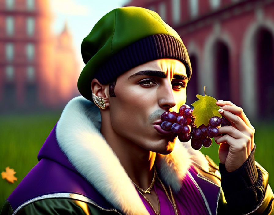 Portrait of person with golden skin in green beanie and purple jacket holding grapes amidst autumn leaves and building