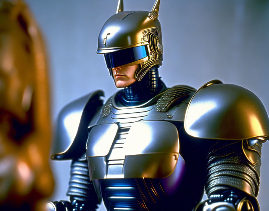 Futuristic silver-armored robot with black visor and mechanical details