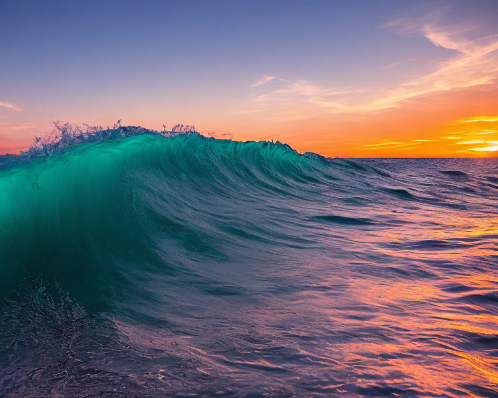 Colorful sunset over ocean with orange and purple hues and turquoise wave.