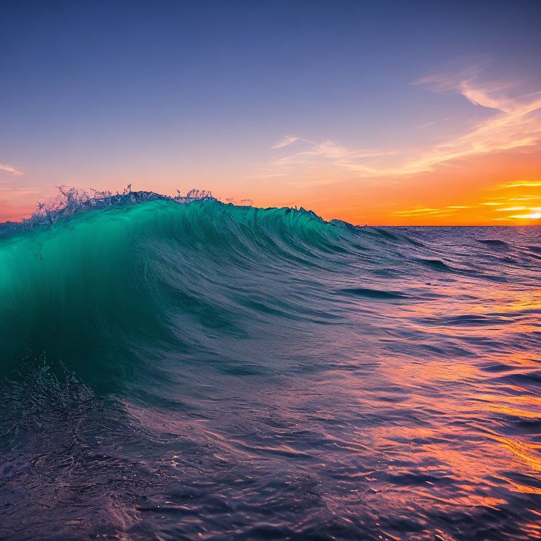 Colorful sunset over ocean with orange and purple hues and turquoise wave.