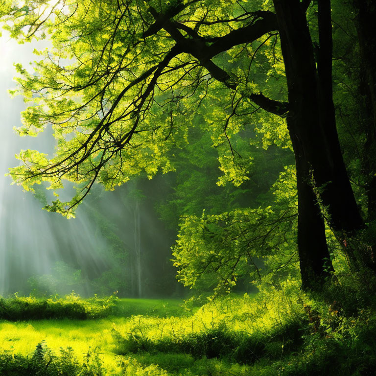 Vibrant green forest with sunlight filtering through canopy