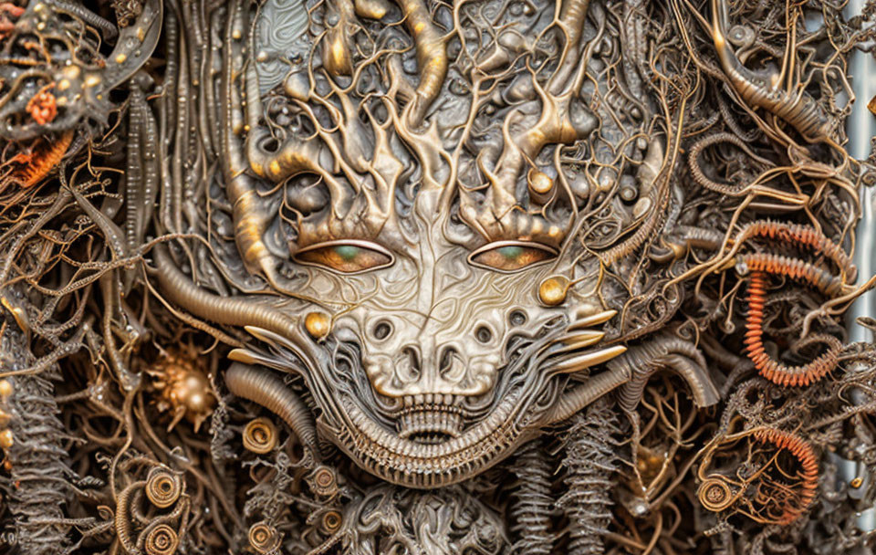 Intricate Metallic Artwork of Alien-Like Face