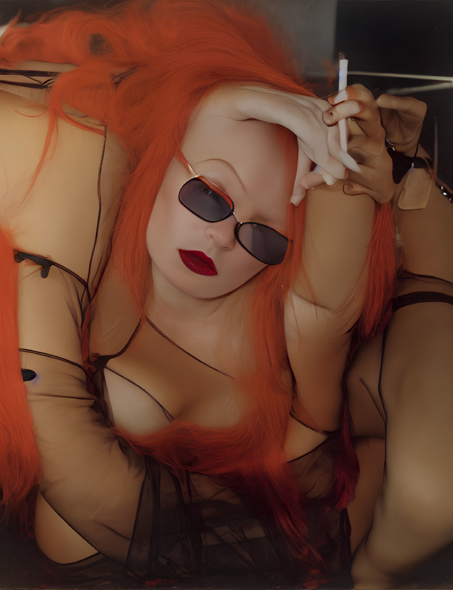 Woman with Bright Orange Hair and Red Lipstick Wearing Sunglasses Holding Cigarette