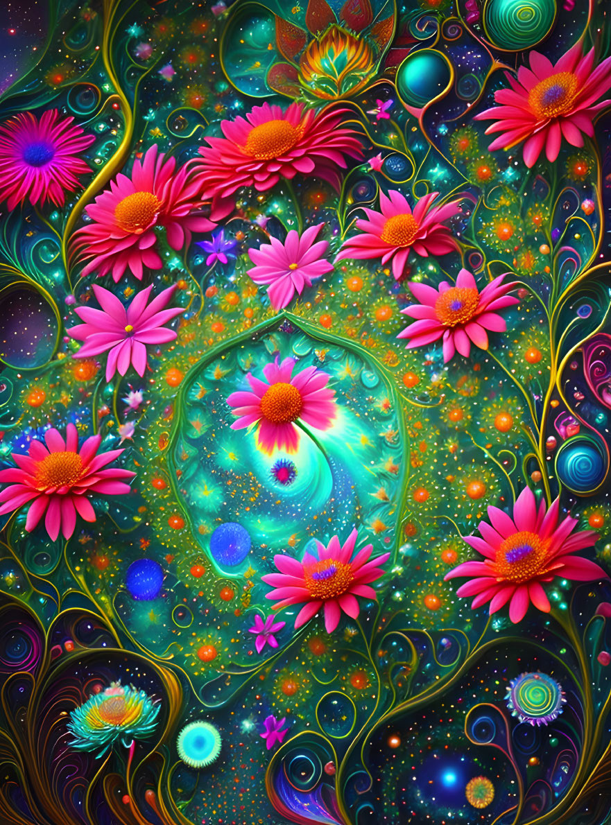 Colorful digital artwork: neon pink flowers, green leaves, cosmic patterns, glowing orbs