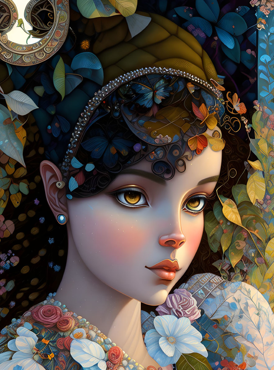 Illustrated female face with large eyes and floral elements on dark backdrop