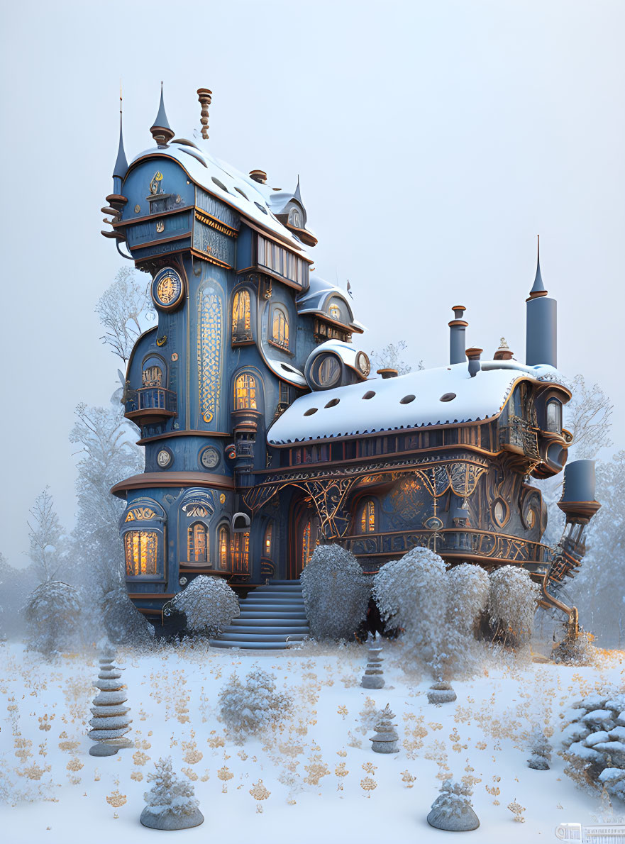 Ornate Fantasy Blue Victorian House in Snowy Landscape