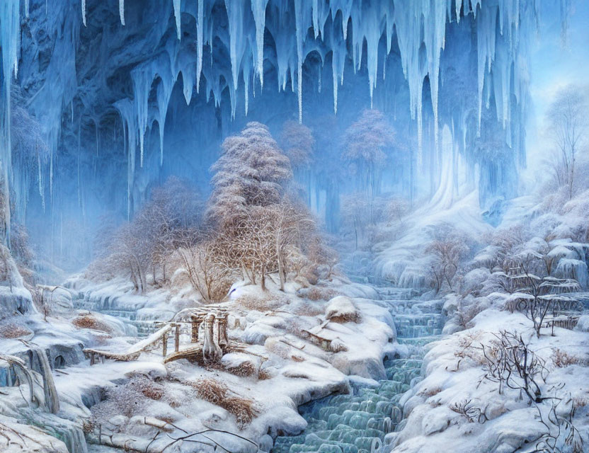 Frozen Waterfall and Snow-Covered Trees in Winter Landscape