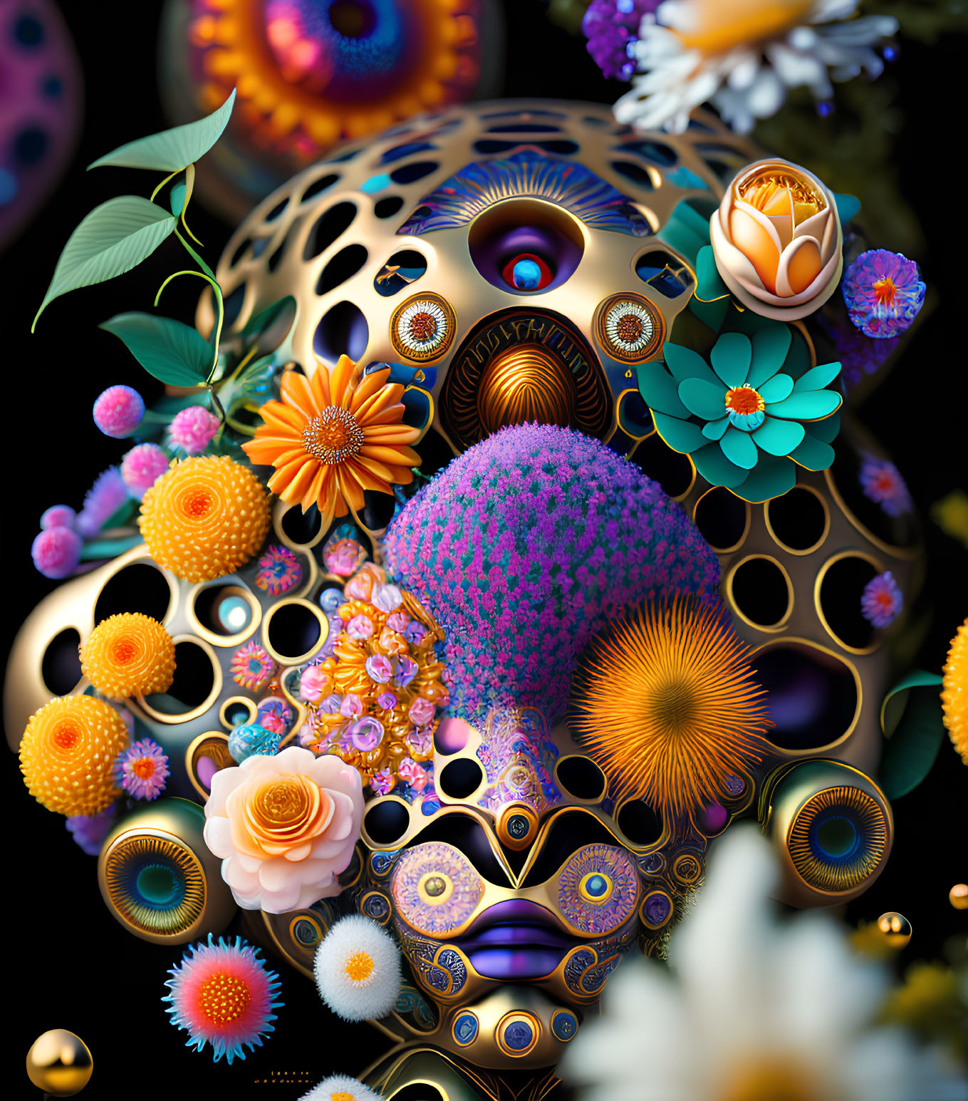 Colorful Surreal 3D Illustration with Golden Sphere & Floral Details