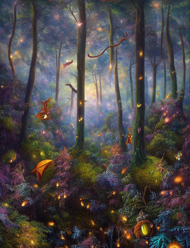 Enchanting forest scene with fireflies, faeries, and colorful vegetation