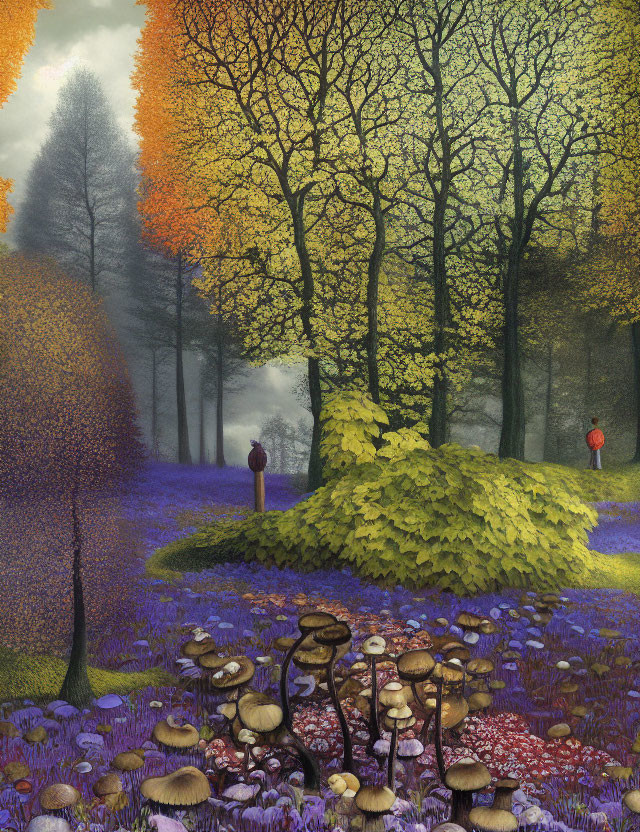 Colorful forest scene with mushrooms, autumn trees, and misty ambiance