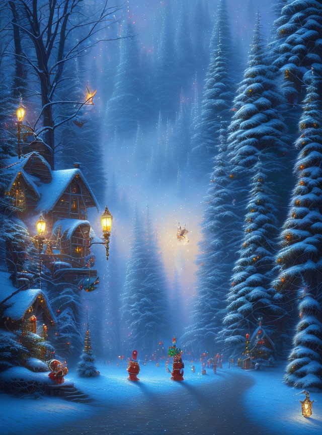 Snow-covered pine trees surround cozy winter cottage at night with warm lights and figures in snowy scene