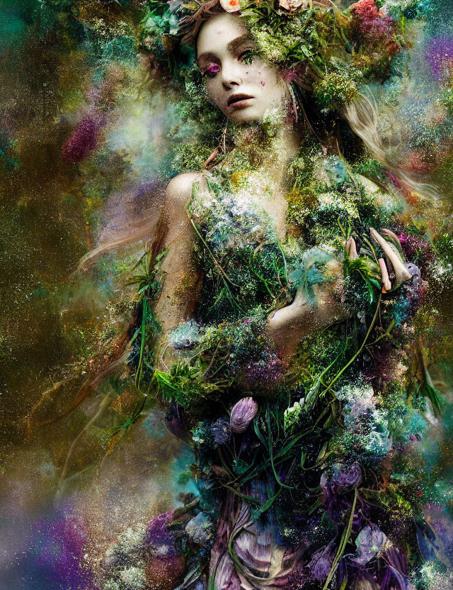 Colorful portrait of a woman with floral and moss elements on textured background