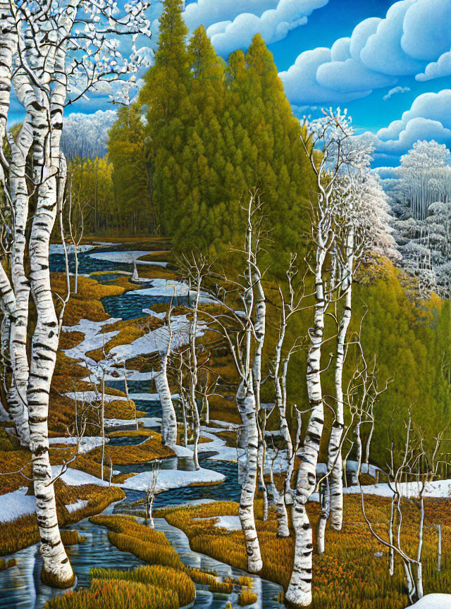 Seasonal Transition Painting: Birch Trees, Wintry Frost, Autumnal Colors