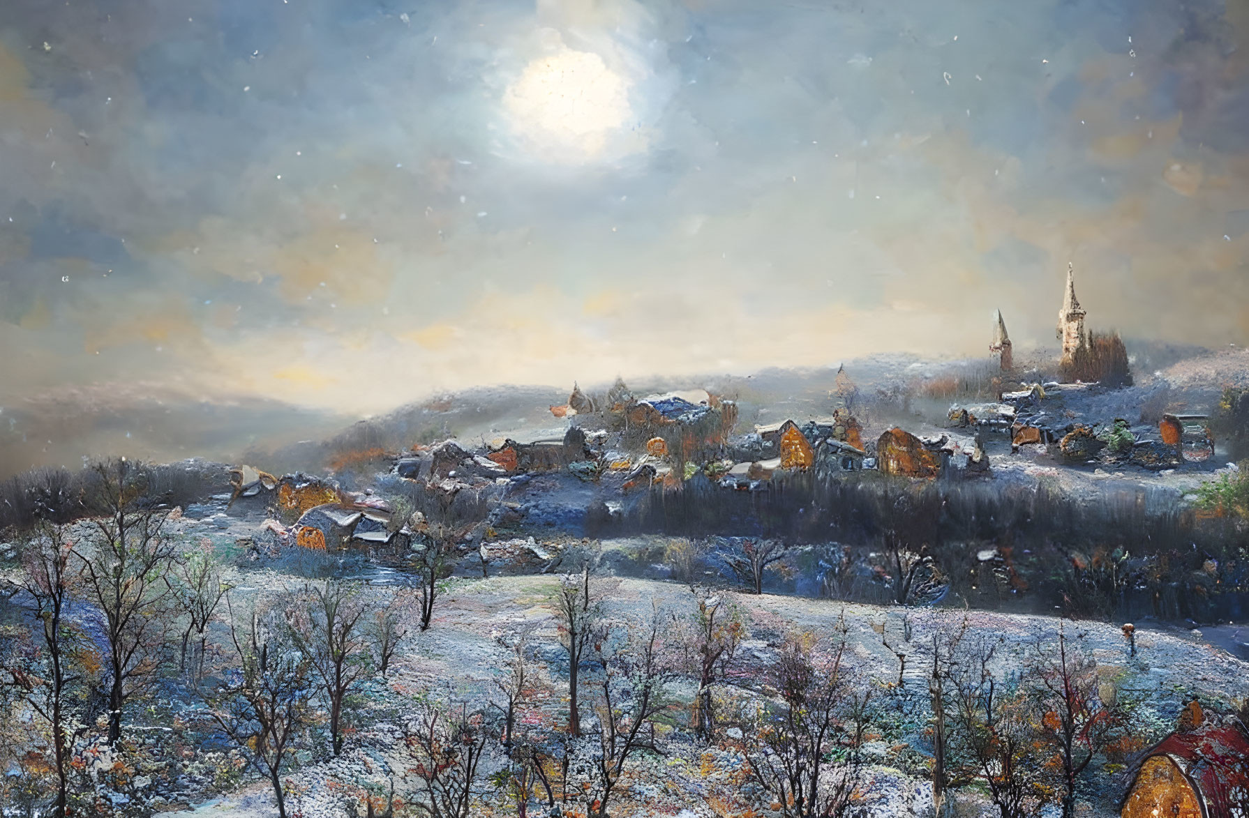 Snowy village with warm sun glow and church spire in winter landscape