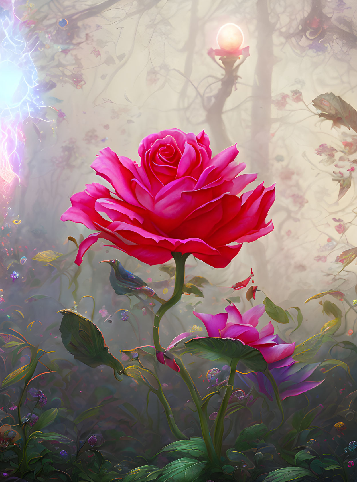 Vibrant red rose in mystical forest with butterflies and flowers