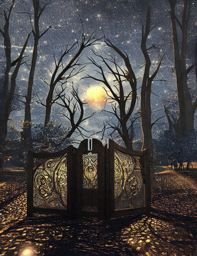 Moonlit scene with ornate gates in dark forest under starry sky