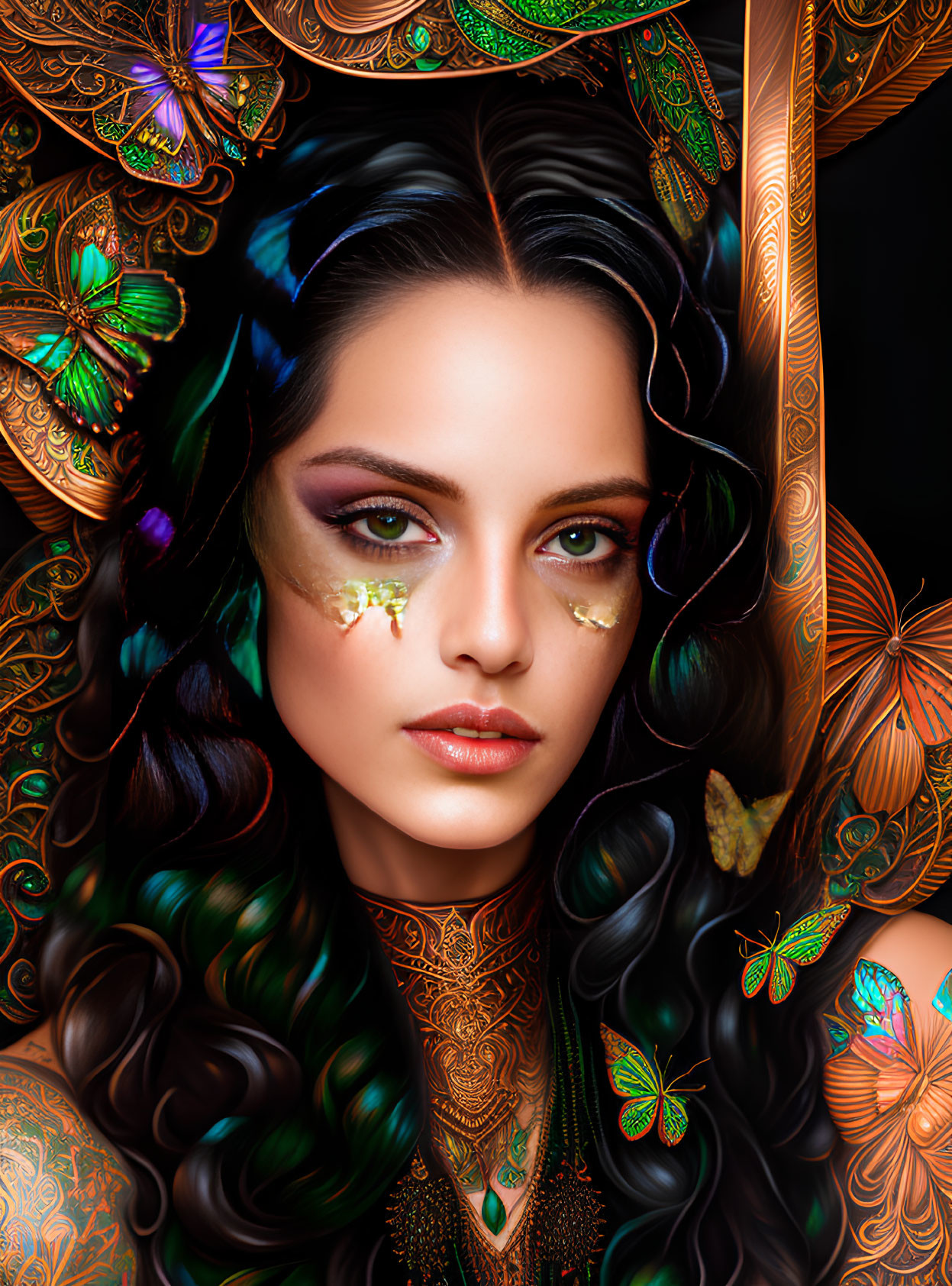 Detailed digital portrait of a woman with intricate butterflies and ornate patterns.