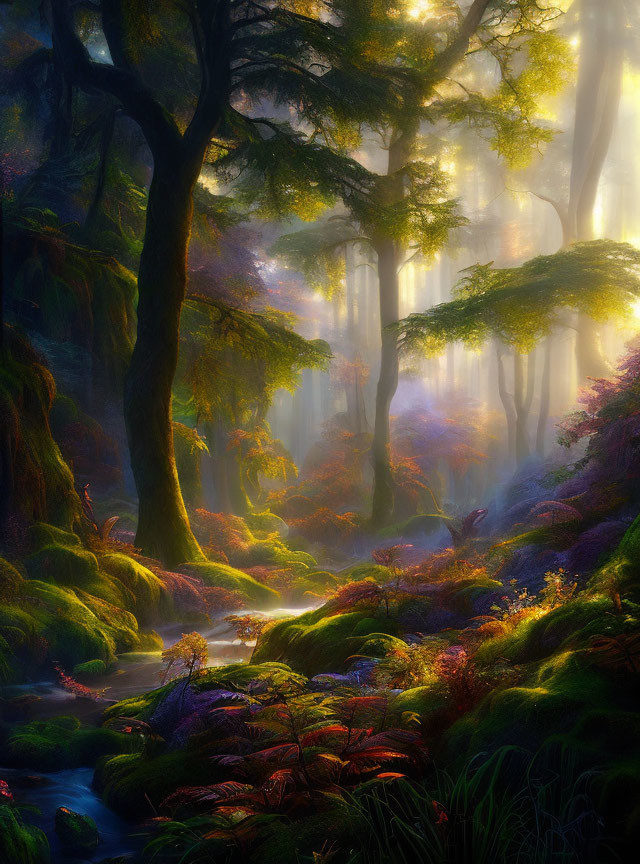 Ethereal forest scene with sunlight, green moss, trees, stream, red foliage