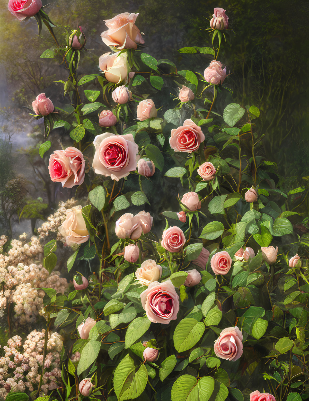 Pink Roses Blooming on Lush Rosebush in Misty Garden