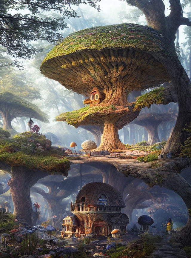 Enchanting forest with giant mushroom-like trees and quaint dwellings in ethereal light