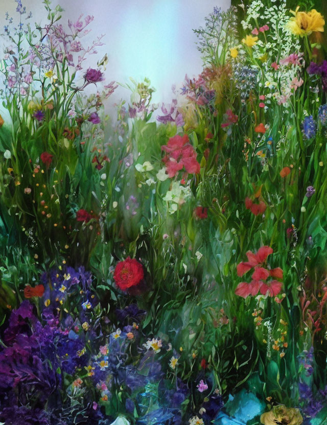 Colorful Flower Meadow Painting with Lush Atmosphere