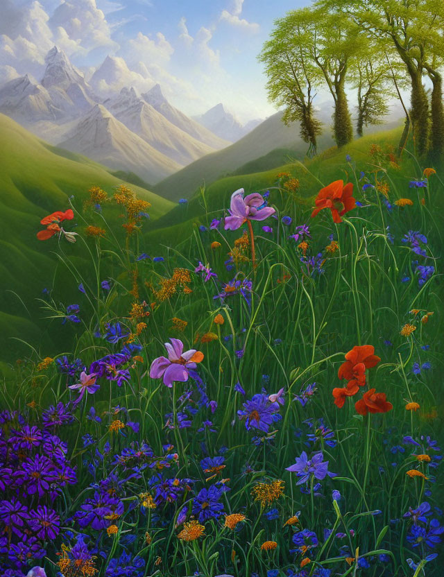 Colorful meadow painting with flowers, hills, and mountains