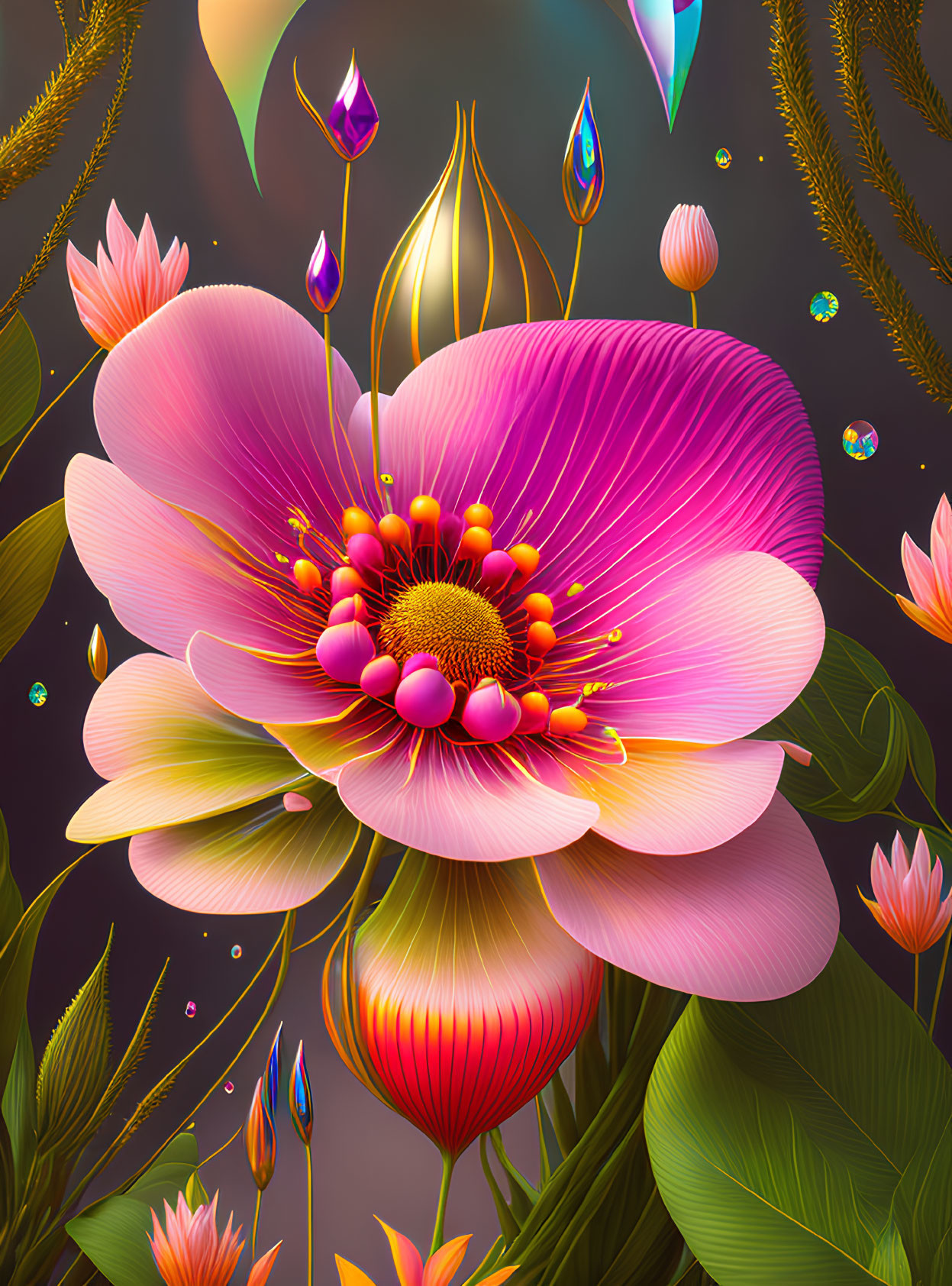 Detailed digital artwork: Large pink flower with golden center, surrounded by bubbles and smaller flora on dark backdrop