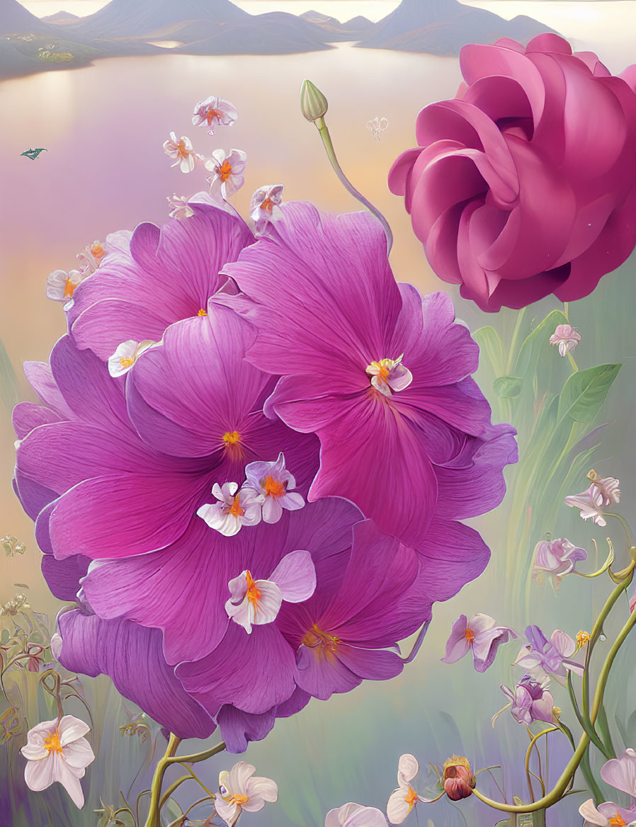 Vibrant pink flowers in a digital artwork with purple landscape