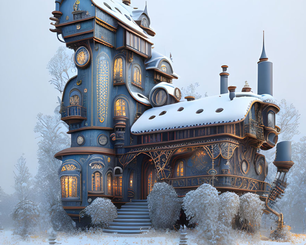 Ornate Fantasy Blue Victorian House in Snowy Landscape