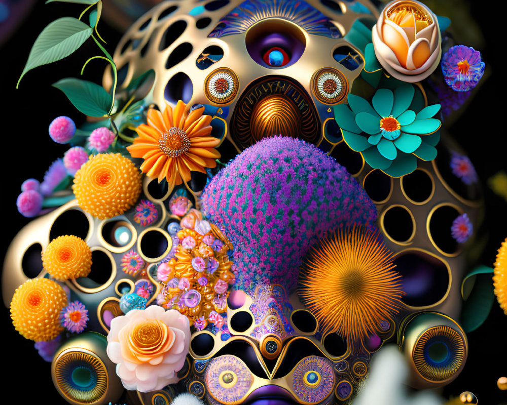 Colorful Surreal 3D Illustration with Golden Sphere & Floral Details