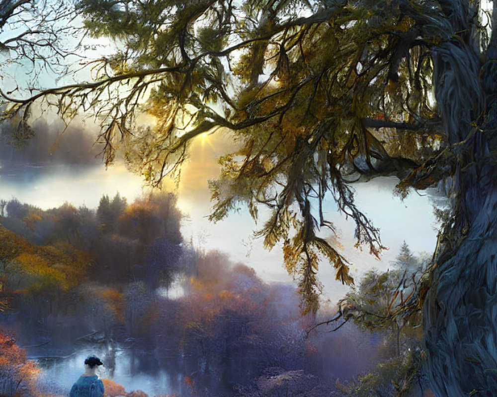 Person in Blue Cloak Observing Misty Autumn Forest