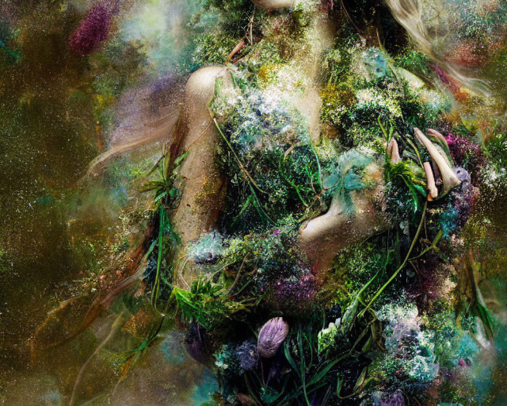 Colorful portrait of a woman with floral and moss elements on textured background