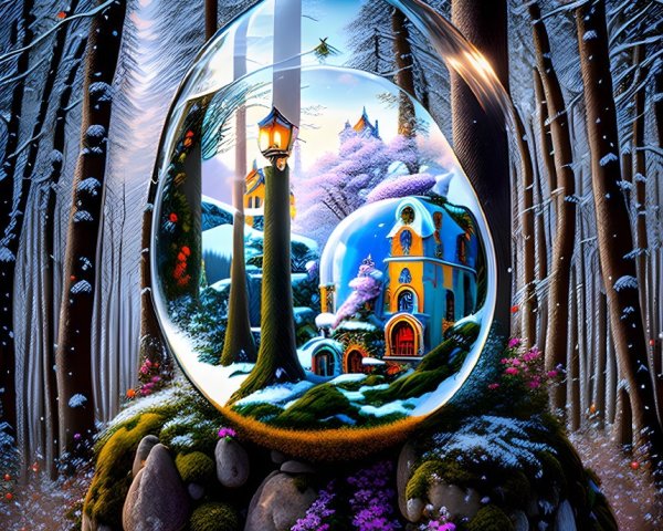 Colorful village in snowy forest with crystal ball perspective