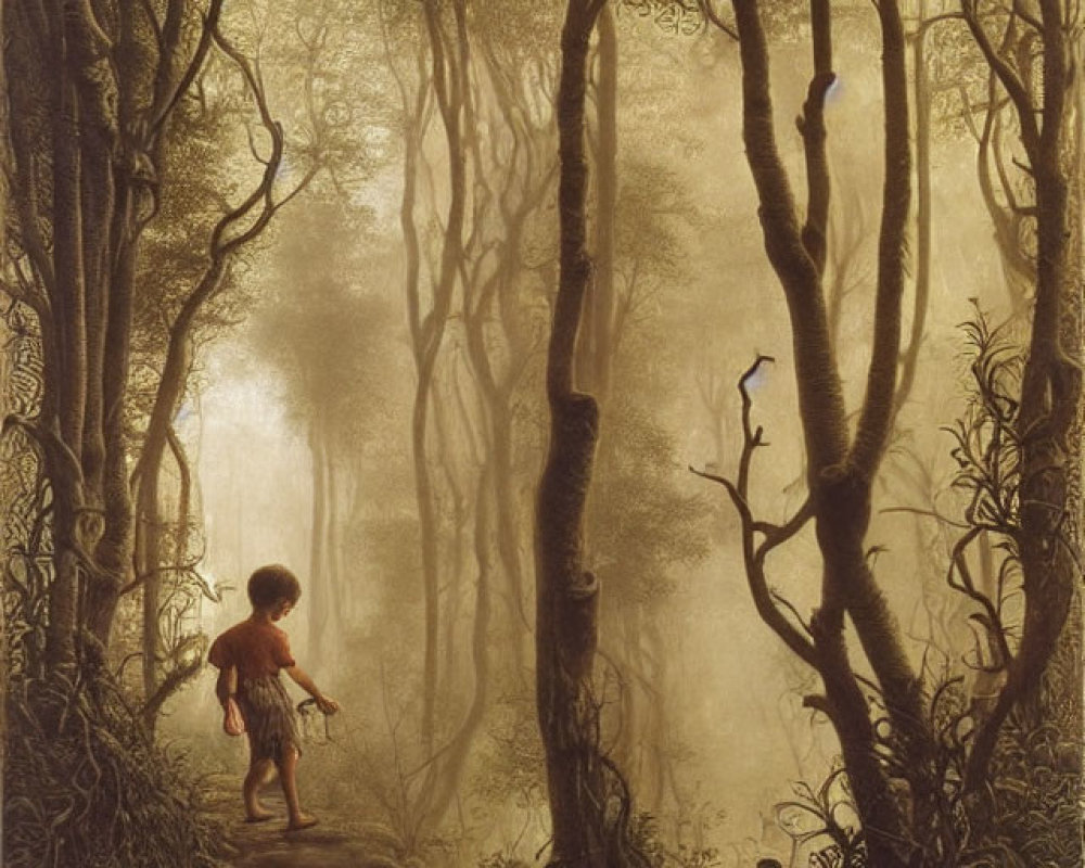 Child walking on cobblestone path in misty forest with twisted trees and blue bird.