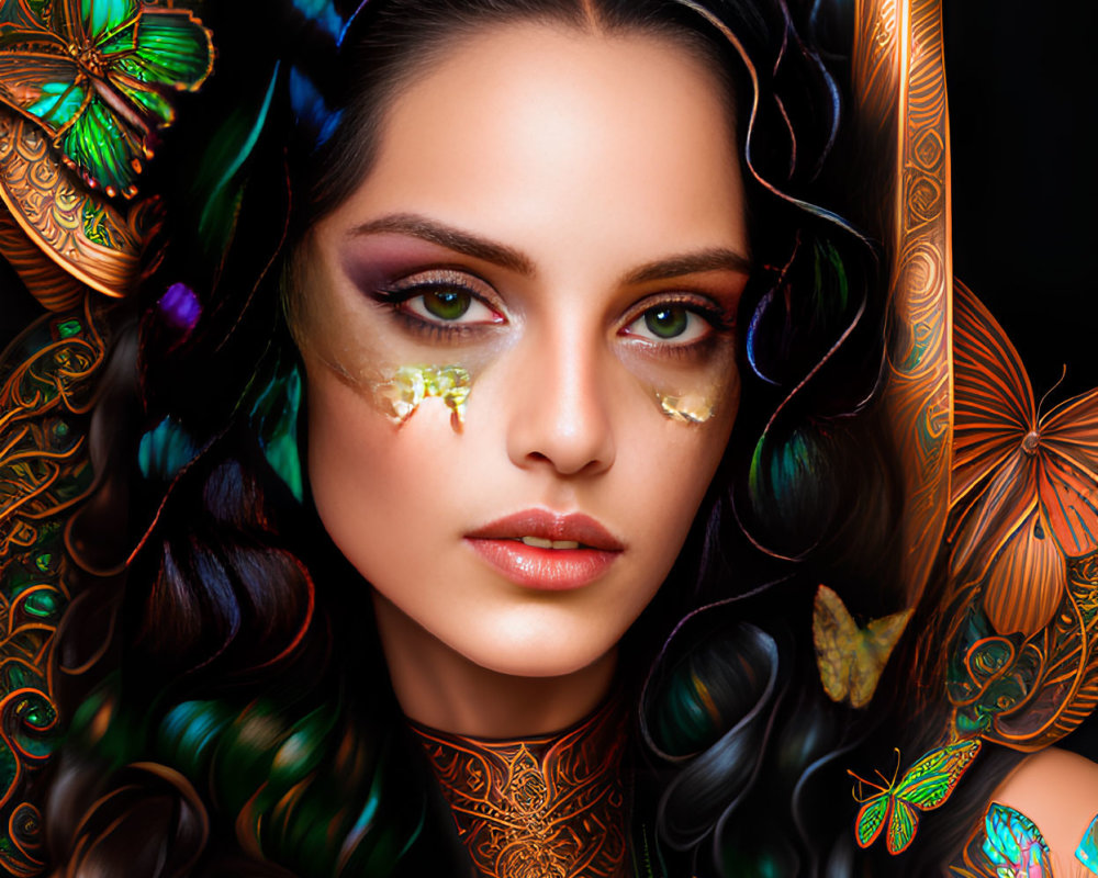 Detailed digital portrait of a woman with intricate butterflies and ornate patterns.