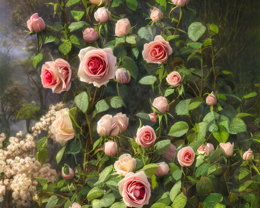 Pink Roses Blooming on Lush Rosebush in Misty Garden