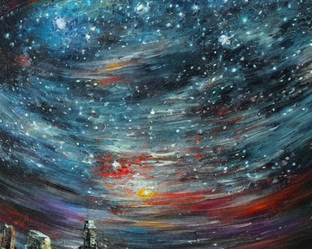 Colorful night cityscape with star-filled sky in vibrant painting