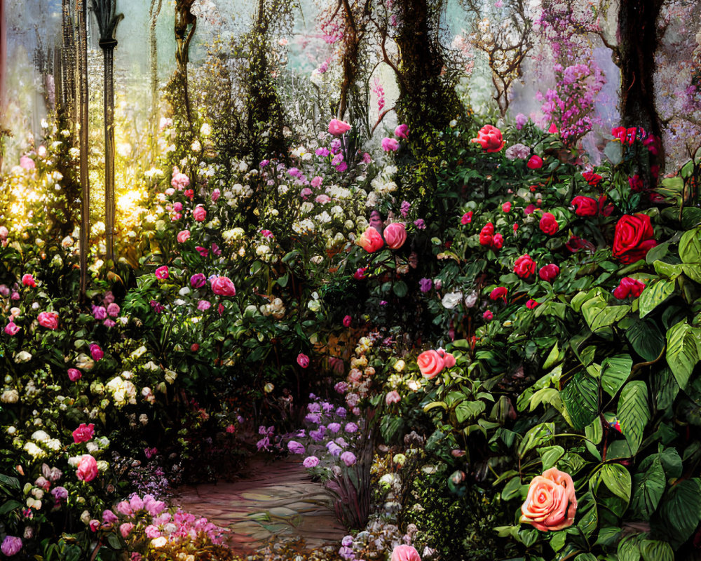 Enchanting garden pathway with vibrant roses and vintage lamp post