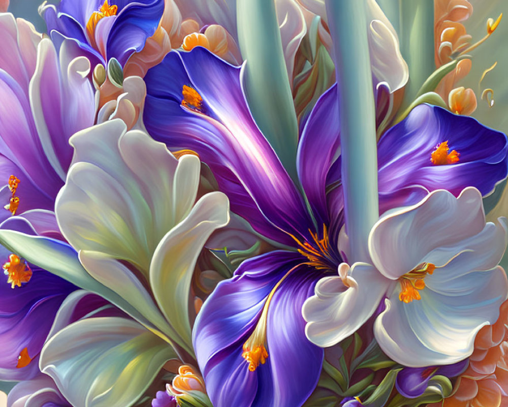 Colorful digital painting of purple flowers with yellow stamens and green leaves.