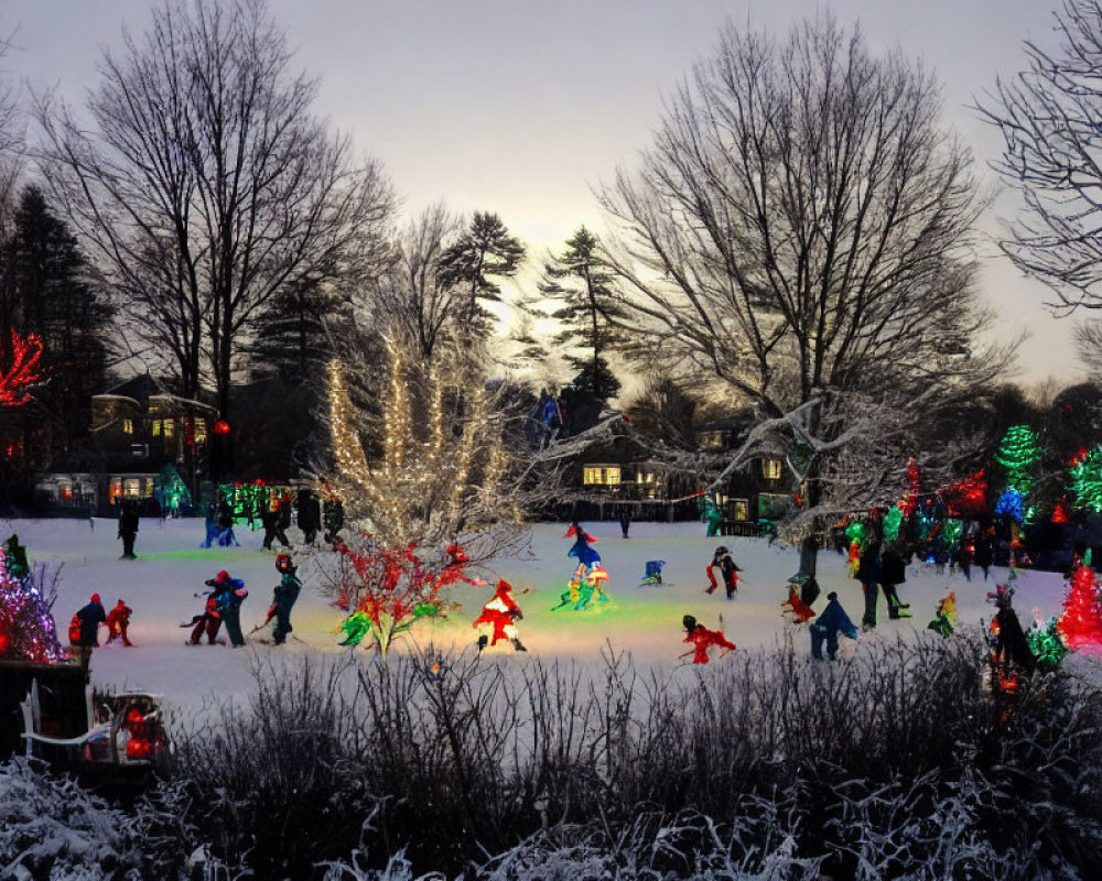 Festive holiday lights and decorations in snowy evening scene