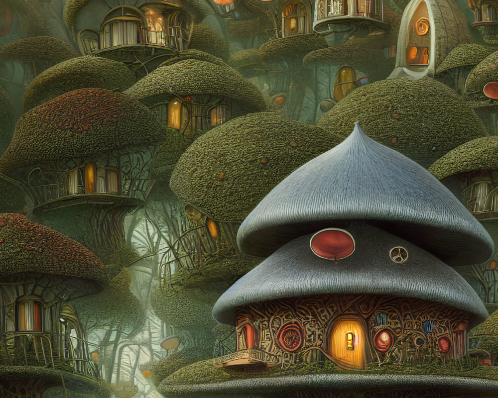 Magical forest scene with whimsical mushroom-shaped houses nestled among trees