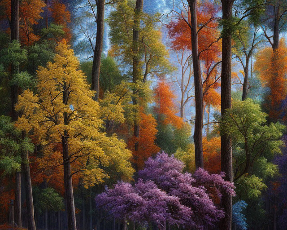 Colorful Autumn Forest Scene with Yellow and Purple Foliage