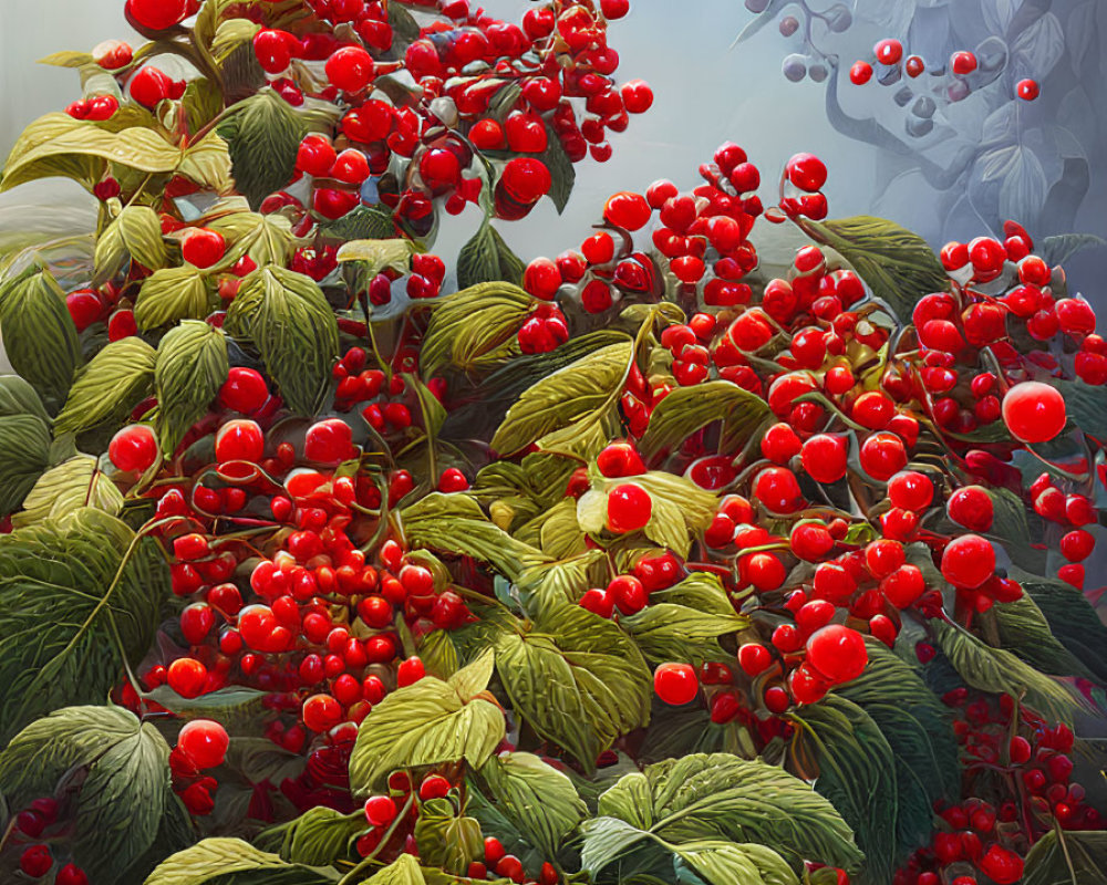 Detailed illustration of vibrant red berries on branches with green leaves against an ethereal background.