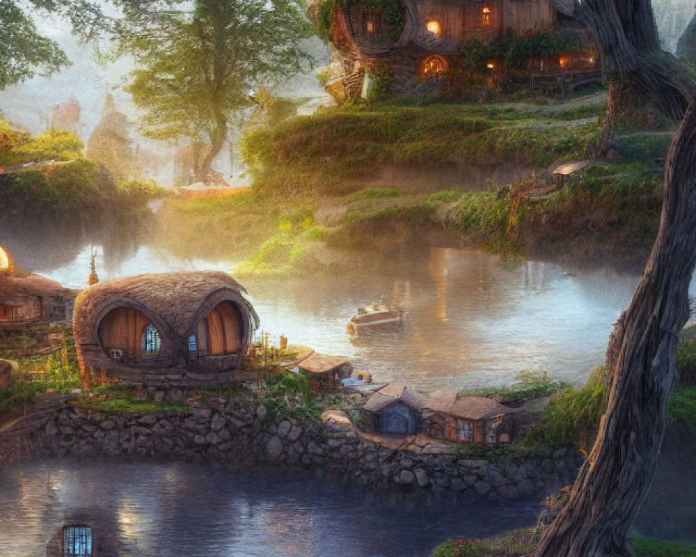 Charming village scene with hobbit-style houses, river, greenery, boat at sunset