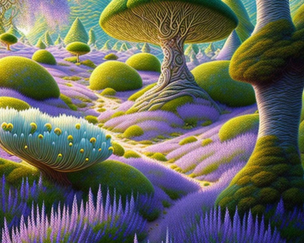 Fantastical forest with oversized mushroom-like trees and lush purple-green vegetation