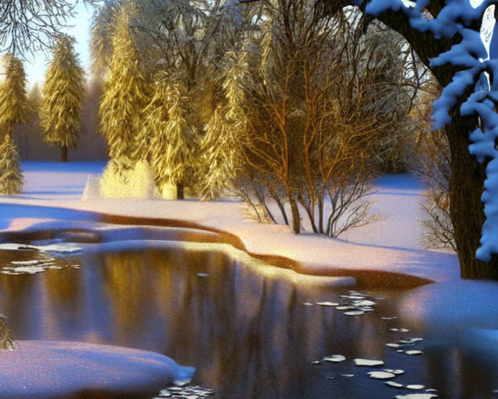 Winter Scene: Snowy Landscape, Frozen River, Golden Sunset Reflections