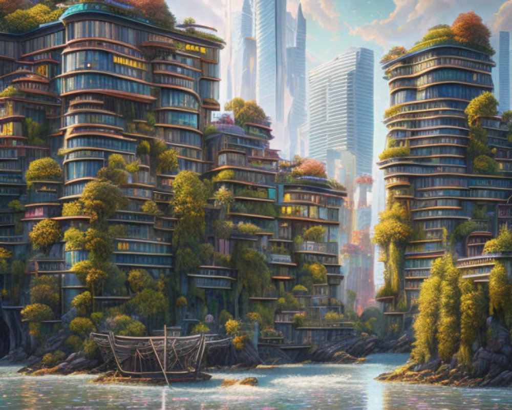 Futuristic cityscape with nature blending urban architecture, terraced gardens, river, and high-r