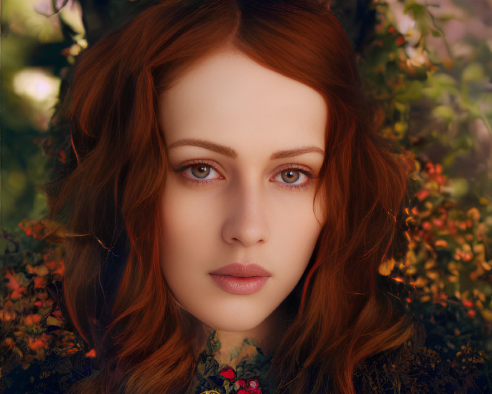 Red-haired woman with blue eyes in autumn foliage portrait.